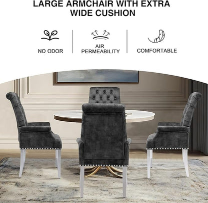 AODCHR Upholstered Velvet Accent Dining Chair, Elegant Tufted Dining Room Kitchen Room Arm Chair with Stainless Steel Leg, Dark Grey
