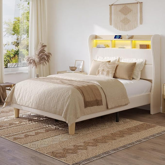 Bestier Queen Size Upholstered Wingback Bed Frame with 51” High Headboard Corduroy Fabric RGB LED Lights, Charging Station Dual Storage Shelves Modern Off White Platform Bed No Box Spring Needed