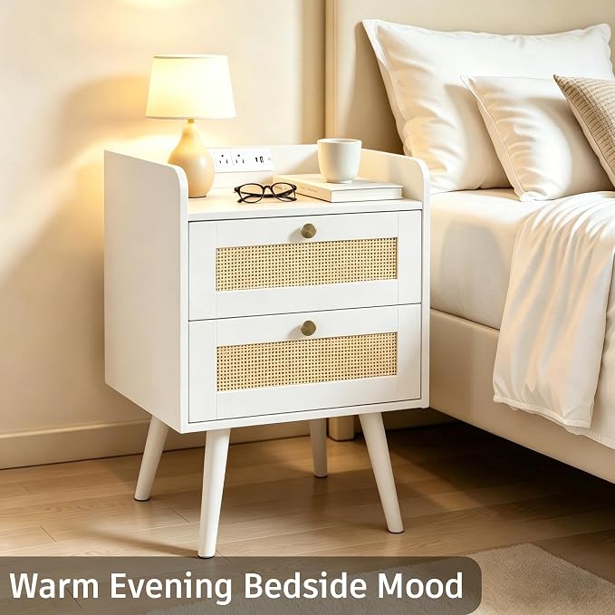 Nightstands Set of 2 with Charging Station, Modern Boho Rattan Bedside Tables with 2 Drawers,Open Storage End Tables for Bedroom, Small Spaces and Dorm, Solid Wood Legs,White