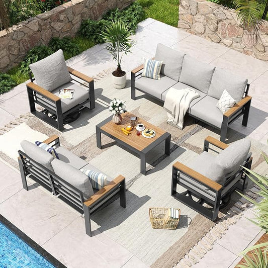 Aoxun Aluminum Patio Furniture Set 7 Seats with Rocking Chair, Oversized Outdoor Sectional with Washable Thick Cushions, Coffee Table, Patio Conversation Sets for Porch, Balcony, Deck