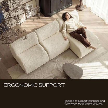 34" Curved Single Sofa Chair, Foam Boneless Sherpa Couch with Deep Seat, Comfy Teddy Sofas for Living Room, Bedroom, Apartment, Modern Sectional Modular Couches – No Assembly, White