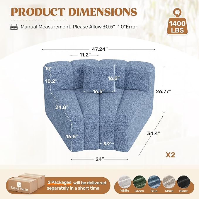 Luxanimarion 2PCS 1/8 Round Modular Sectional Sofa, 2 Seater Modern Curved Cloud Couch Modules, Convertible Boneless Couches for Living Room, No Assembly Required, Light Blue
