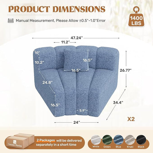 Luxanimarion 2PCS 1/8 Round Modular Sectional Sofa, 2 Seater Modern Curved Cloud Couch Modules, Convertible Boneless Couches for Living Room, No Assembly Required, Light Blue