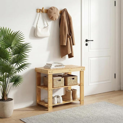 Sturdy 3-Tier Bamboo Shoe Rack Bench – Modern Entryway Organizer with Storage Shelf & Seating, Holds up to 130kg, Ideal for Closet, Bedroom, Living Room, 28.7 x 50 x 45.3 cm – Natural Wood Finish