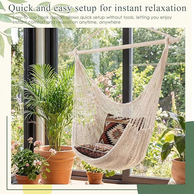 Barydat 2 Pcs Hanging Hammock Chair Boho Swing Chair Outdoor Indoor Comfy Soft Cotton Rope Weaving with 40 Inch Detachable Metal Bars for Backyard Living Room Garden, 270lb Capacity (Beige)