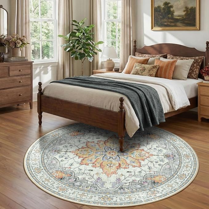 RELEANY Area Rugs Round 7ft Washable Non-Slip, Floral Vintage Distress Medallion Carpet for Living Room Bedroom Dining Room, Beige Carbon Grey Orange