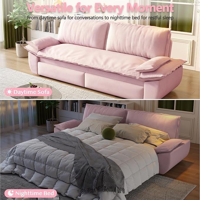 70.1" Sofa Bed Queen Size, Pull Out Couch Bed, 3-in-1 Convertible Sleeper Sofa with Cushion Armrest, Modern Velvet Futon Couch for Living Room, Small Space, Apartment, Bedroom, Pink
