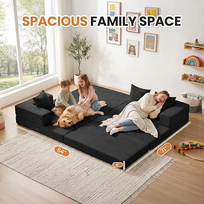 65" Boneless Couch,Convertible Sleeper Sofa Bed, Mini Modular Sectional Sofa, Modern Tri-Folding Cloud Couch with L-Shape Chaise, Corduroy Futon Couches for Small Spaces Apartment,No Assembly,Black
