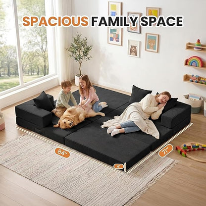 65" Boneless Couch,Convertible Sleeper Sofa Bed, Mini Modular Sectional Sofa, Modern Tri-Folding Cloud Couch with L-Shape Chaise, Corduroy Futon Couches for Small Spaces Apartment,No Assembly,Black