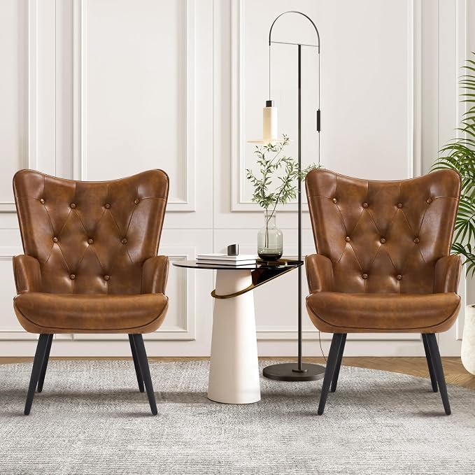 Furnimart Faux Leather Accent Chair Mid Century Modern Living Room Chairs; Comfy Armchair Leisure Vanity Guest Wingback Chair for Office Study Vanity Bedroom Waiting Room PU Yellow Brown