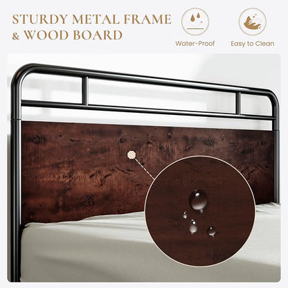 SHA CERLIN Queen Size Bed Frame with Wooden Headboard and Footboard, Rounded Corner Metal Structure, Heavy Duty Slats with Under-Bed Storage, No Box Spring Needed, Mahogany