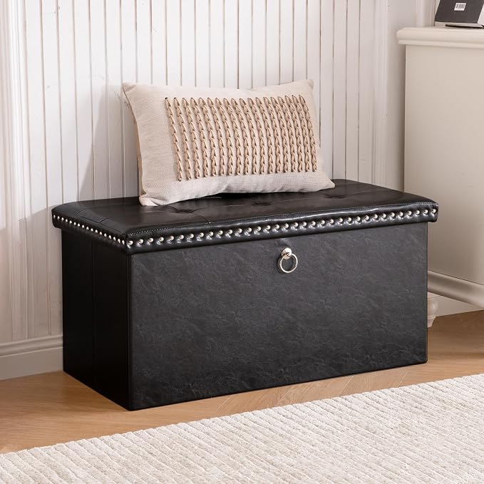 oakvivo Folding Storage Ottoman Bench 30in, Leather Foot Rest Stools Ottoman with Storage, Coffee Table, End of Bed Bench Footstool for Living Room, Bedroom, Load 330 lb, 30x15x15 inches, Black