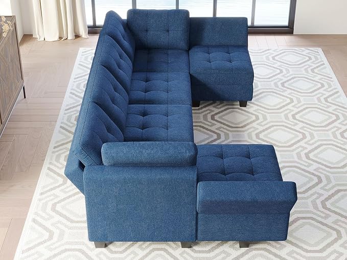 Belffin Modular U Shaped Sectional Sofa Couch with Reversible Chaises 6-seat Sectional Couch with Storage Seat Modular Sectional Set with Ottomans Blue