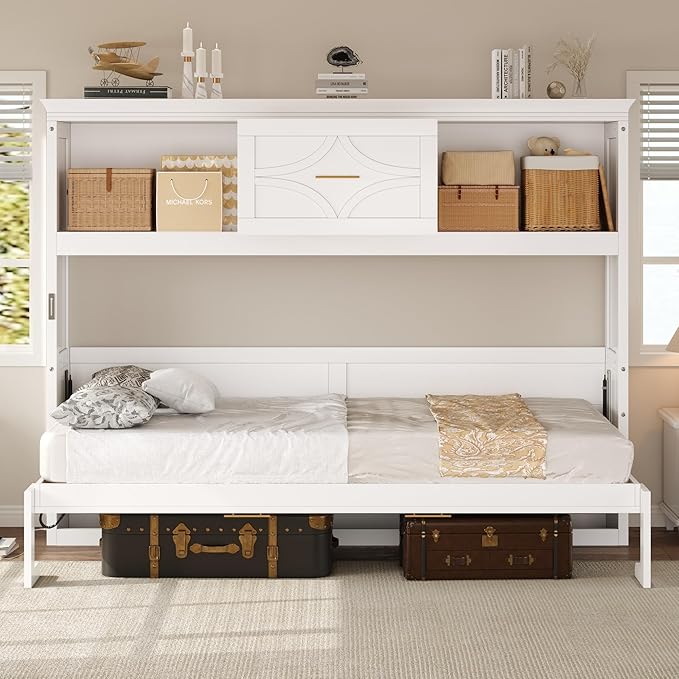 MERITLINE Twin Horizontal Murphy Bed with Storage Bookcase Shelves & Drawer and Charging Station,Solid Wood Farmhouse Murphy Wall Bed with Storage, Slat Support (White)