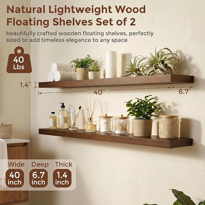 fuqing 40 Inch Floating Shelves | 6.7 Inch Deep Dark Wood Floating Shelves for Wall Set of 2 | 40''W x 6.7''D x 1.4''H Dark Wood Shelves for Living Room Bathroom Bedroom Kitchen Home Office