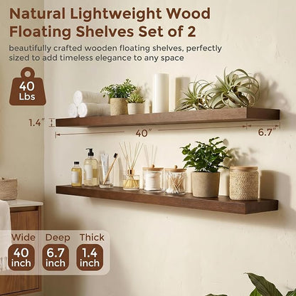fuqing 40 Inch Floating Shelves | 6.7 Inch Deep Dark Wood Floating Shelves for Wall Set of 2 | 40''W x 6.7''D x 1.4''H Dark Wood Shelves for Living Room Bathroom Bedroom Kitchen Home Office
