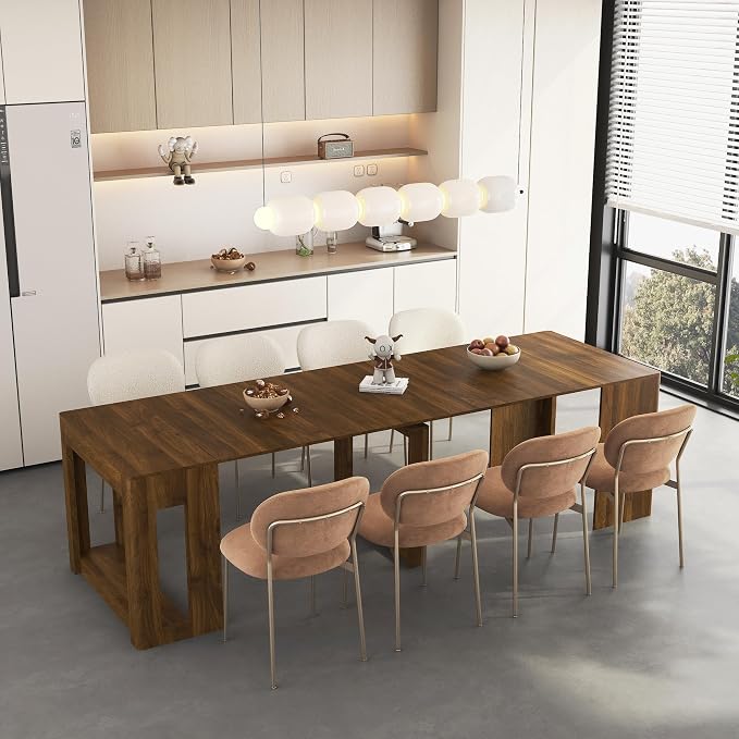 Extendable Foldable Dining Room Table for 1-12 People, Wood Multifunctional Rectangle Expandable Console Kitchen Living Meeting Room Furniture, Walnut