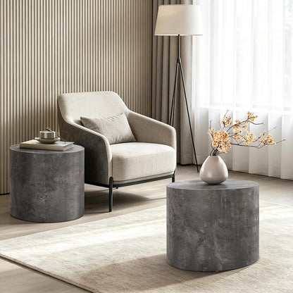 Nesting Round Coffee Table Set of 2, Accent End Table for Small Spaces, Morden Drum Side Table, Wooden Circle Center Table for Living Room, Fully Assembled - Gray