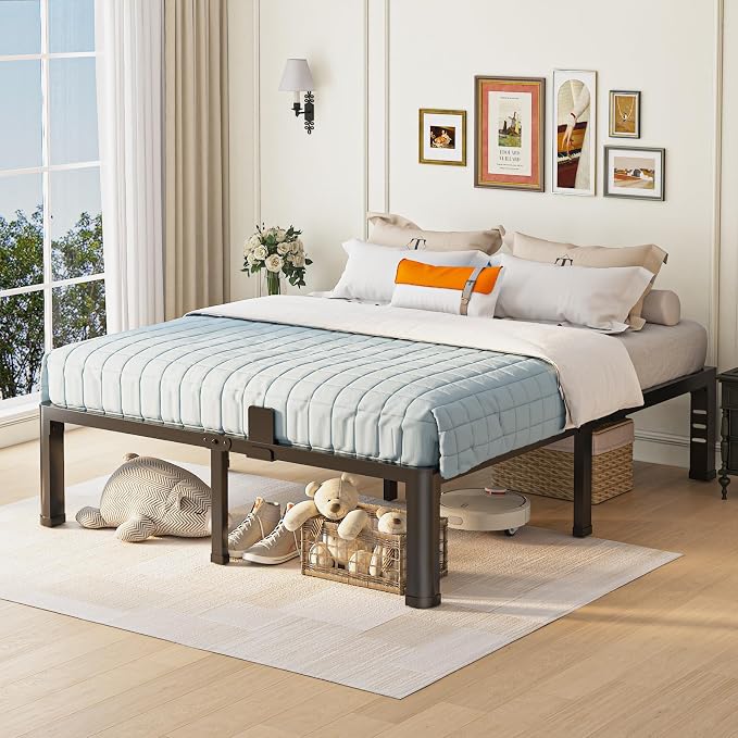 14 inch King Size Bed Frame with Round Corner Legs and Headboard Hole Mattress Slide Stopper 3500 lbs Heavy Duty Metal Platform,Steel Slat Support,No Box Spring Needed,Easy Assembly,Noise Free