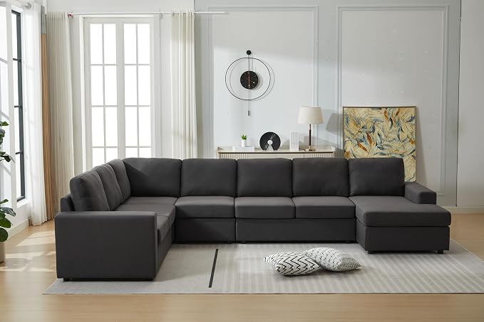 Ball & Cast 147" L-Shaped Sectional Couches for Living Room with Reversible Chaise&Removable Back Cushions,7 Seat Linen Upholstered Convertible Sectional Sofa,DIY Combination,for Home,Office,Dark Gray