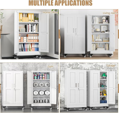 47" H Metal Pantry Storage Cabinet with Wheels,Rolling Kitchen Pantry Cabinet with 2 Doors and 3 Adjustable Shelves, Locker Steel Cabinet,Organization Cabinet for Garage,Home,Gym,School,White