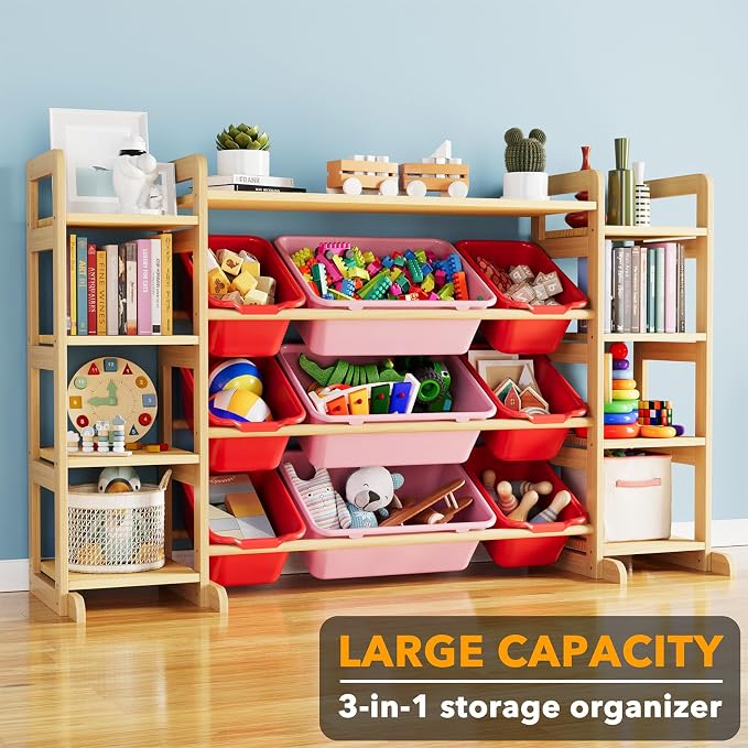 SpaceAid Large Toy Storage Organizer 9 Shelves 9 Bins, Toy Organizers Storage Bookshelf, Kids Bin Shelf Toys Box Bookcase for Bedroom Playroom Organization Room Decor, Red and Pink