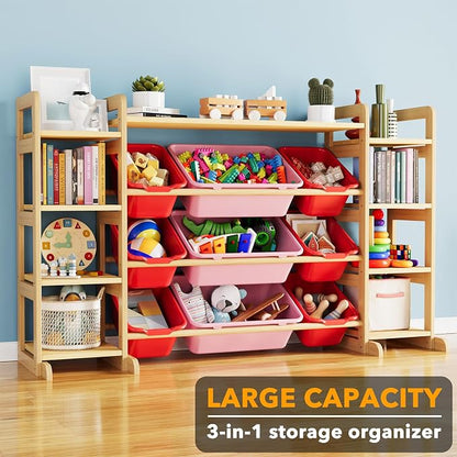 SpaceAid Large Toy Storage Organizer 9 Shelves 9 Bins, Toy Organizers Storage Bookshelf, Kids Bin Shelf Toys Box Bookcase for Bedroom Playroom Organization Room Decor, Red and Pink