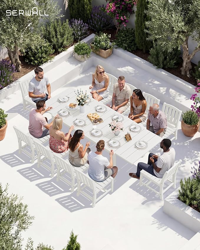 SERWALL Outdoor Patio Dining Set for 8, White | 60" - 83" Expandable Outdoor Dining Table and 8 HDPE Chairs, All Weather Material Outdoor Furniture Set Backyard, Garden