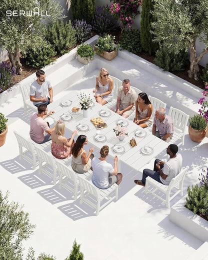 SERWALL Outdoor Patio Dining Set for 8, White | 60" - 83" Expandable Outdoor Dining Table and 8 HDPE Chairs, All Weather Material Outdoor Furniture Set Backyard, Garden