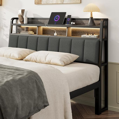 Queen Headboard Only with Storage, Upholstered Headboards for Queen Size Bed with LED Light, Charging Station, Height Adjustable, Sturdy and Stable Headboard, Black & Grey