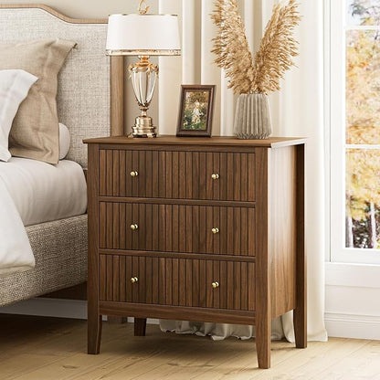 Night Stand, Fluted 3 Drawer Wide Farmhouse Nightstand with Gold Handle, Larger Wider Modern Bedside End Table for Bedroom, Living Room, Walnut
