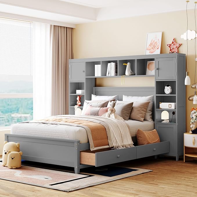 Merax Full Size Wooden Bed with All-in-One Cabinet and Shelf, Gray Bed Frame with 4 Storage Drawers