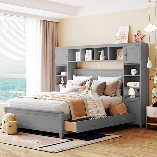Merax Full Size Wooden Bed with All-in-One Cabinet and Shelf, Gray Bed Frame with 4 Storage Drawers