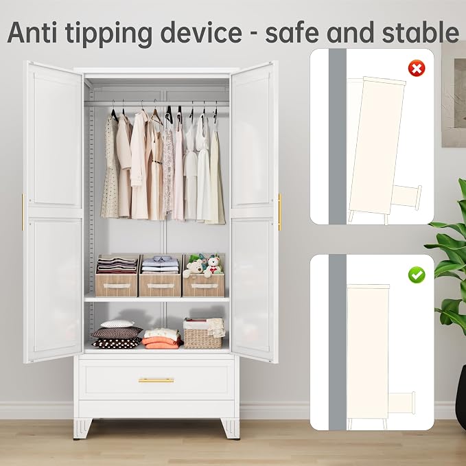 PAOFIN 71" Metal Armoire Wardrobe Closet Storage Cabinet with Hanging Rod,Metal Clothing Cabinet with 1 Drawer and Adjustable Shelf for Bedroom, Laundry Room(White)