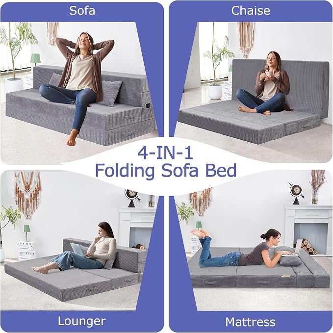 Folding Sofa Bed, 4 in 1 Convertible Sleeper Chair with Pillow, Queen Memory Foam Fold Out Chair Bed, Modern Floor Futon Sofa Couch Mattress for Living Room/Guest/Apartment, Light Gray