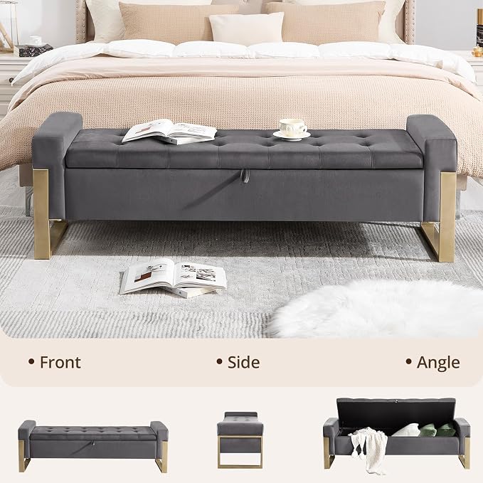 End of Bed Storage Bench, 67'' Benches for Bedroom Foot of Bed King Size, Upholstered Velvet Tufted Storage Ottoman Bench with Gold Legs for Window Living Room Entryway, Grey