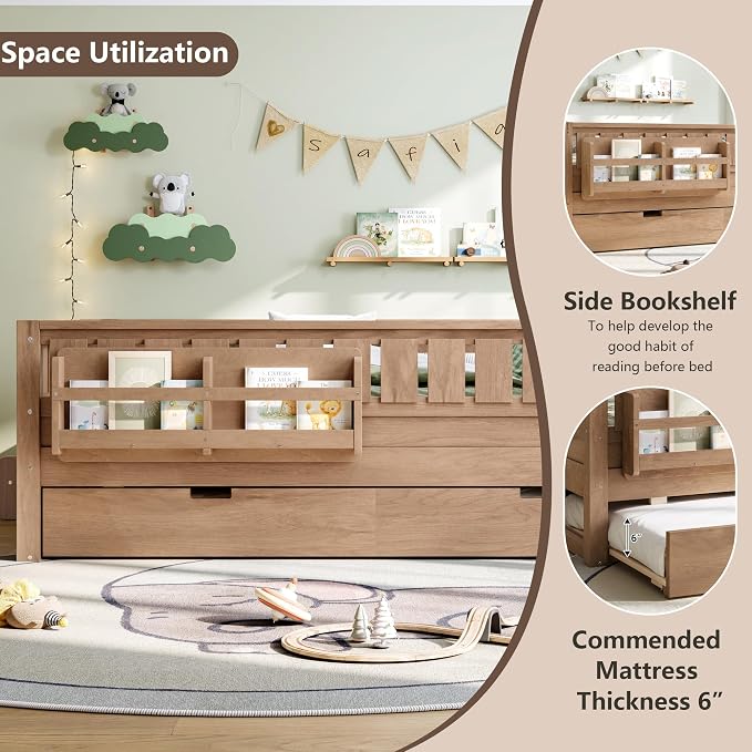 Bellemave Full Kids Montessori Bed with Stairs, Bookshelf and Trundle, Solid Wood Kids Bed Frame with Storage for Boys Girls, Low Profile,Natural