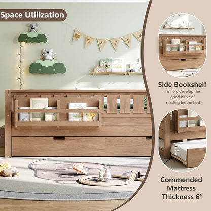 Bellemave Full Kids Montessori Bed with Stairs, Bookshelf and Trundle, Solid Wood Kids Bed Frame with Storage for Boys Girls, Low Profile,Natural