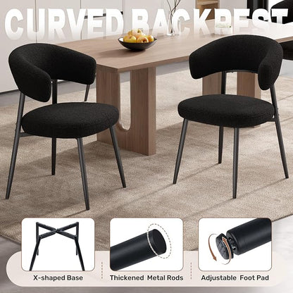 Dining Chairs Set of 6, Mid Century Modern Kitchen Chairs, Boucle Upholstered Dining Chair with Curved Backrest & Metal Legs for Kitchen Dining Room, Black