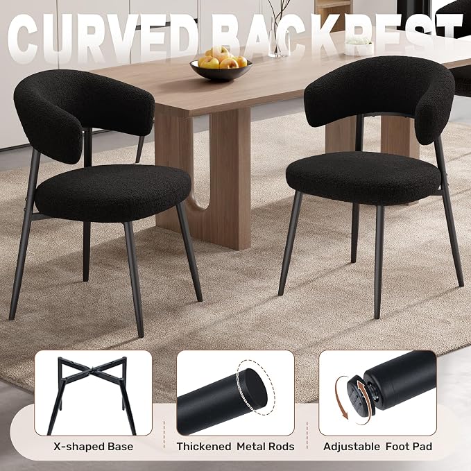 Dining Chairs Set of 4, Mid Century Modern Kitchen Chairs, Boucle Upholstered Dining Chair with Curved Backrest & Metal Legs for Kitchen Dining Room, Black