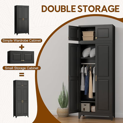 UNICOLY 86.6" Amoire Wardrobe Closet, 71" Wardrobe Cabinet with 15.74" Cabinet, Metal Closets with Hanging Rod for Bedroom School, Employee, Gym, Armarios De Ropa para Domitorio, Black