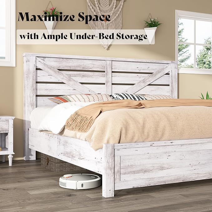 AMERLIFE King Size Bed Frame with 49.2" Barn Door Headboard and Footboard, Farmhouse Platform Bed Frame with Wood Slats, No Box Spring Needed, Under Bed Storage, Distressed White