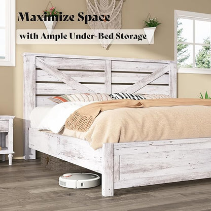 AMERLIFE King Size Bed Frame with 49.2" Barn Door Headboard and Footboard, Farmhouse Platform Bed Frame with Wood Slats, No Box Spring Needed, Under Bed Storage, Distressed White