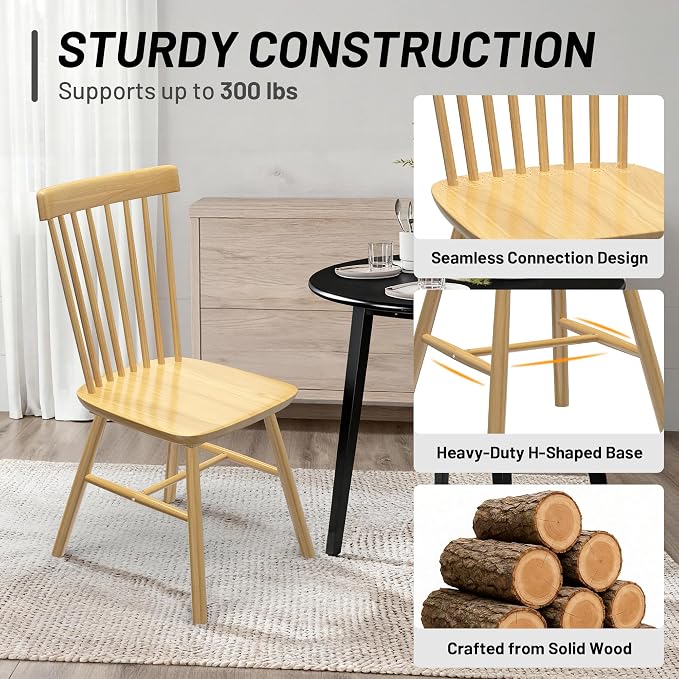 AreShark Windsor Dining Chairs, Farmhouse Wooden Dining Room Chairs, Solid Wood Kitchen Chairs with Spindle Back Set of 2, Natural Wood