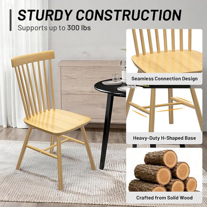 AreShark Windsor Dining Chairs, Farmhouse Wooden Dining Room Chairs, Solid Wood Kitchen Chairs with Spindle Back Set of 2, Natural Wood