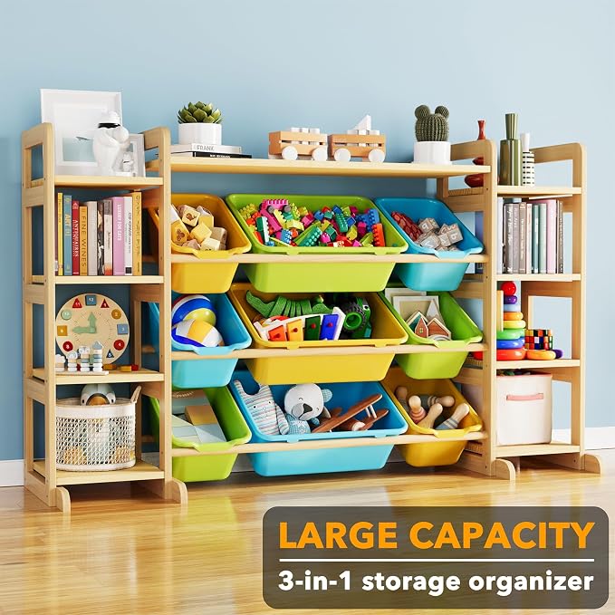 SpaceAid Large Toy Storage Organizer 9 Shelves 9 Bins, Toy Organizers Storage Bookshelf, Kids Bin Shelf Toys Box Bookcase for Bedroom Playroom Organization Room Decor, Multi-Colored
