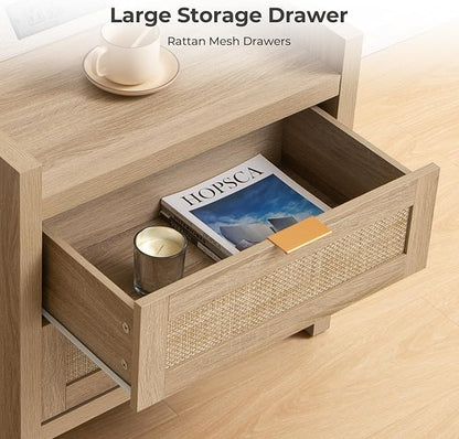 SICOTAS Rattan Nightstands Set of 2 Bedside Table - Bed Night Stand with Type-C Charging Station, 2 Drawers Storage - Boho Night Stands End Table for Bedroom Office - Light Oak