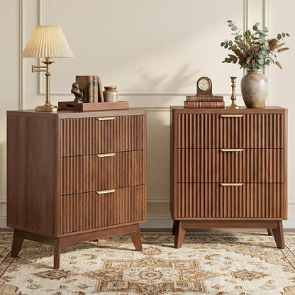 LYNCOHOME Fluted Nightstand Set of 2, Wood Bedside Table with 3 Drawers, Modern Farmhouse Storage End Table for Bedroom, Walnut