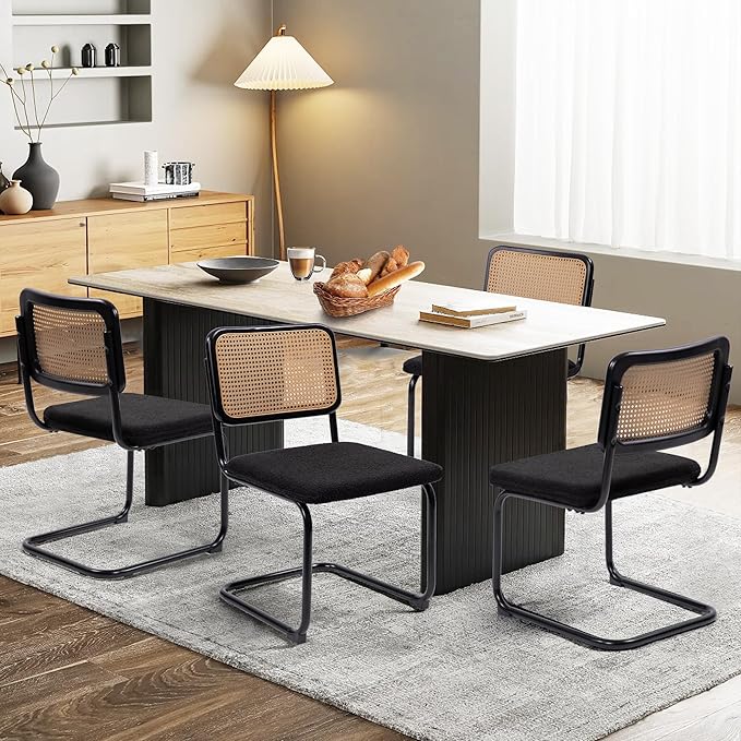 KROFEM Dining Chairs Set of 4,Modern Rattan Kitchen Chairs,Black | Mid Century Modern Design,Polished Chrome Frame,Upholstered Seat