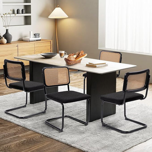 KROFEM Dining Chairs Set of 4,Modern Rattan Kitchen Chairs,Black | Mid Century Modern Design,Polished Chrome Frame,Upholstered Seat